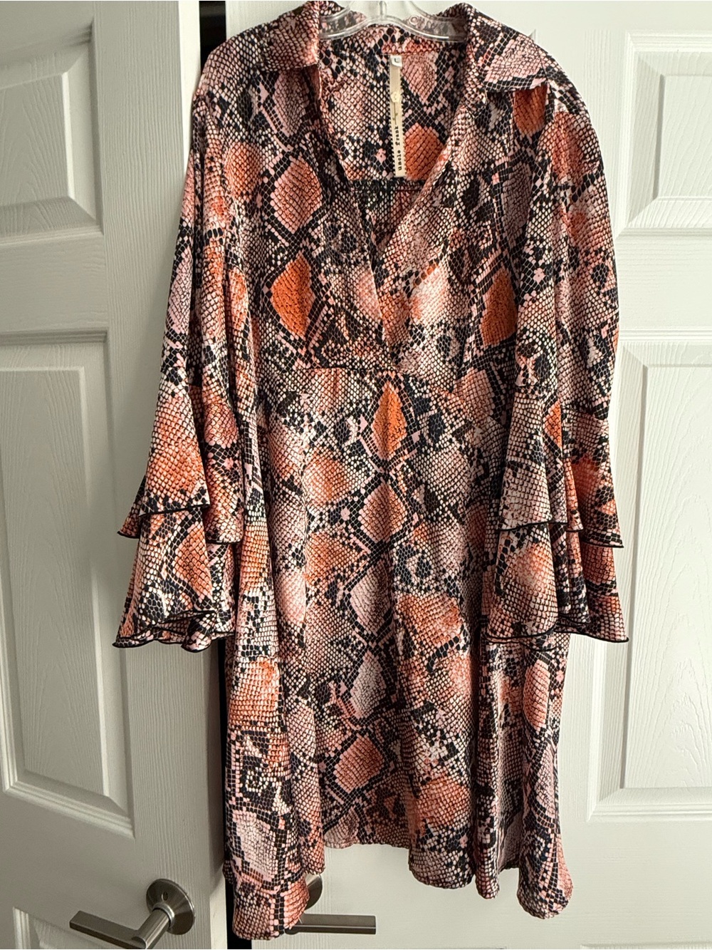 Uncle Frank Pink and Black Snake Print Mini Dress with Tiered Bell Sleeves